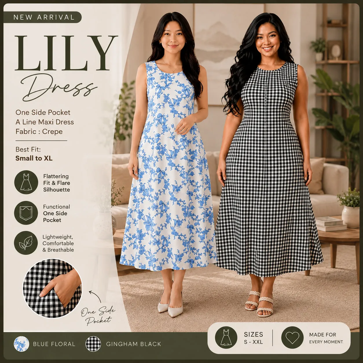 BELRO Lily Sleeveless Maxi Dress with One Side Pocket Small to XL