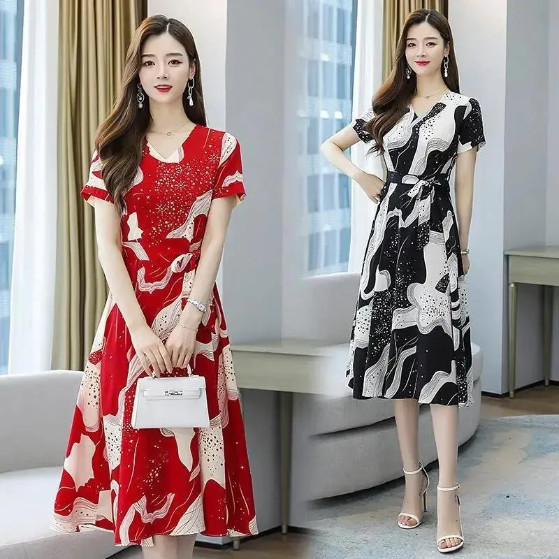 Floral Dress For Women Korean Fat Classy Loose Thin V-neck Midi Skirt Short Sleeve Trendy Dress Plus Size Skirt